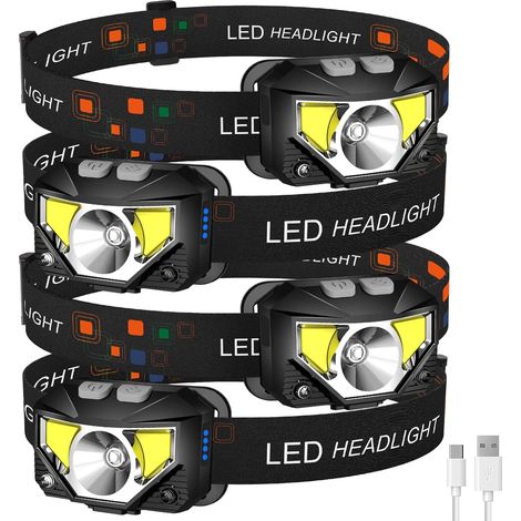Lampe Torche Frontale LED Rechargeable Ultra-Brillante (Pack de 4), Lumières Blanche et Rouge, Capteur de Mouvement Étanche, 8 Modes, Idéale pour le Camping, la Course à Pied, le Cyclisme et la Pêche (1/5)