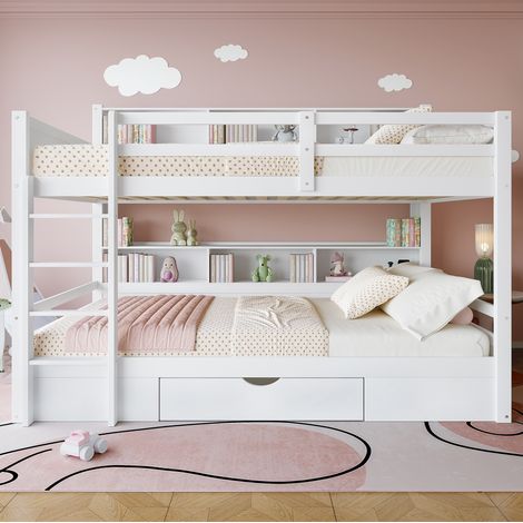 Cama litera moderna 90x200 cm de pino y MDF blanca, con cajón inferior y compartimentos laterales (1/5)