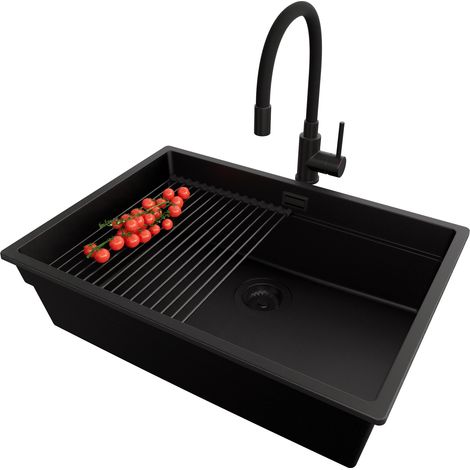 PRIMAGRAN Evier Cuisine en Granit 66x47cm, Lavabo 1 bac + Kit de Vidage + Accessoire, Évier à Encastrer au meuble 70cm - Prague Slim, Tout Noir (1/5)