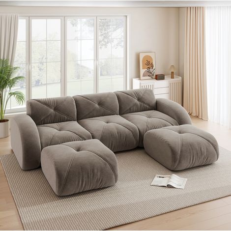 Canapé 3 places modulare in chenille marrone con 2 pouf, design senza struttura (1/5)