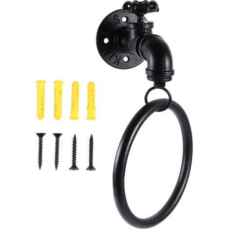 Porte-Serviettes Robinet Industriel Métallique Noir Certifié Galvanoplastie Anneau Mural Rustique pour Salle de Bain la Cuisine Économise Espace Accessoire Solide et Décoratif (1/5)
