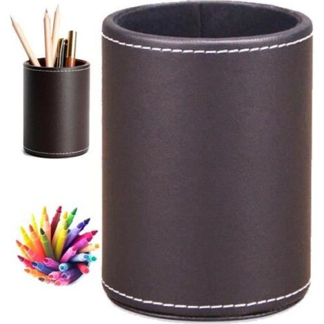 Porte-crayons - Rond en cuir PU - Marron - 10.7x7.9cm - Organisateur de bureau (1/5)
