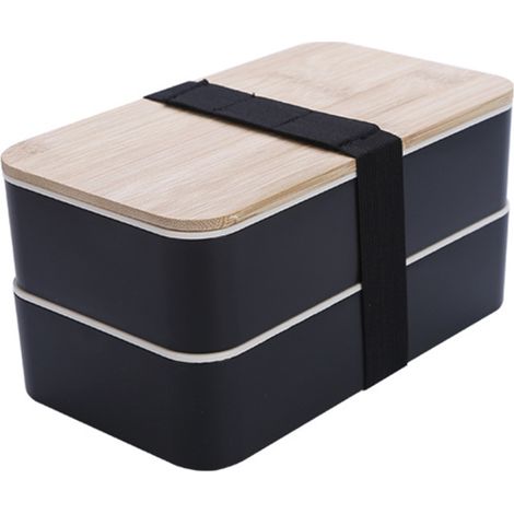Boîte à lunch japonaise à deux étages avec compartiments, coloris noir, format portable (1/5)