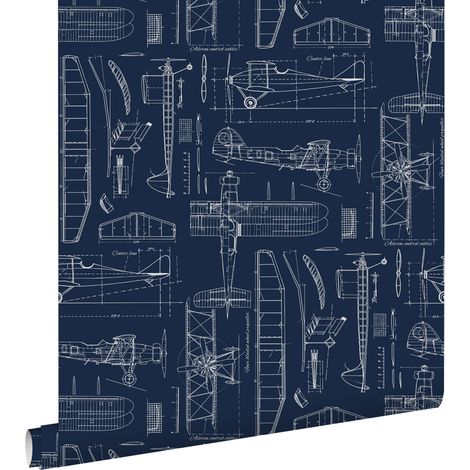 papier peint dessins de construction d'avions bleu foncé - ESTAhome (1/5)