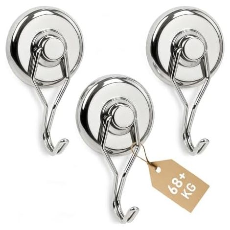 Lot de 3 crochets magnétiques extra puissants 42 mm nickelés, force maintien 68 kg avec aimants en néodyme pour les exigences plus élevées dans environnements humides, rotatifs -