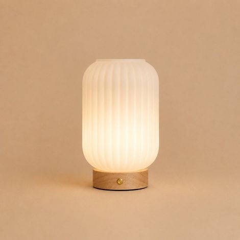 Lampe de Table Rechargeable Sans Fil en Bois d'Hévéa et Verre Dépoli IP44 Marron Clair - PANGIVO (1/5)