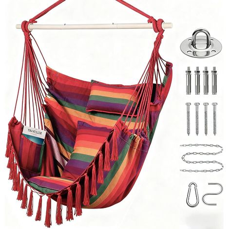 Chaise hamac avec 2 Coussins et Coussin de Cou,Grande Taille hamac siège balançoire avec Poche latérale et Tige en Acier Durable, Fauteuil Suspendu (Arc-en-Ciel) (1/4)