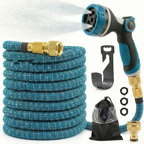 Flexibler Gartenschlauch mit 10 verschiedenen Strahlarten – leichter Wasserschlauch flexibel mit 3-fach Latexkern – dehnbarer Flexschlauch/Gartenschlauch flexibel (Blau, 15m, 50FT)