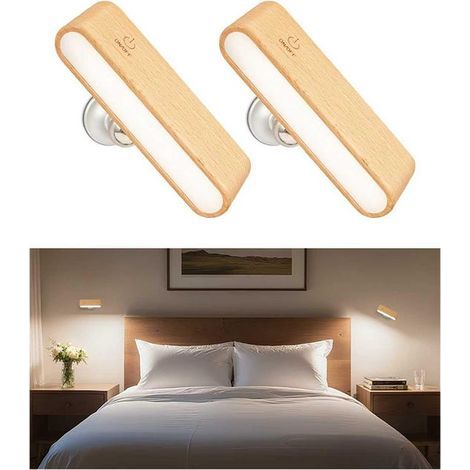 (2er-Set, Buche-Optik) LED-Wandleuchte mit Holzoptik, 360° drehbarem Magnetfuß, Nachttischlampe, ideal fürs Schlafzimmer