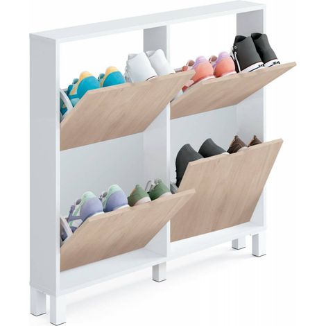 Meuble à chaussures étroit blanc et chêne – Dimensions 98 x 97 x 17 cm – Capacité 8 paires – Finition mélaminée moderne – Muebles Pitarch - MARY 98 X (1/4)