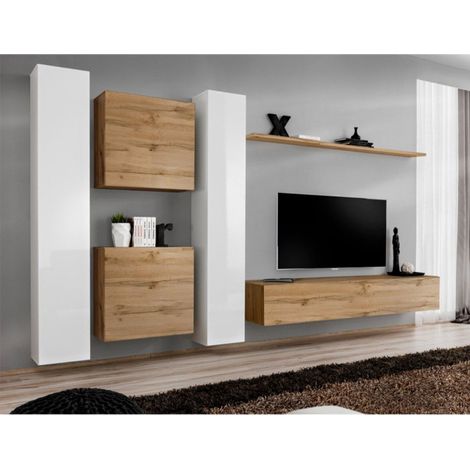 Meuble TV Mural Design "Switch VI" 330cm Blanc & Naturel (1/4)
