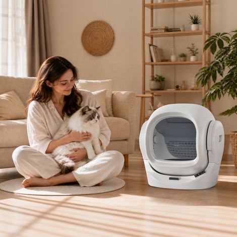Toilette pour chat automatique intelligente avec contrôle par application, grand espace de 68L, conteneur à déchets de 8L, boîte à aromates, sécurité infrarouge, pour 1 à 2 chats, autonettoyante, sile (1/5)