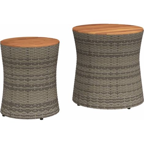 Gartenbeistelltisch 2er Set mit grauer Holzplatte aus Poly-Rattan
