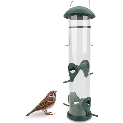 Mangeoire Oiseaux - 1 Unité - Plastique Vert Robuste - Distribution Grain Protégée - Jardin et Balcon Toute l'Année - 30 cm (1/5)