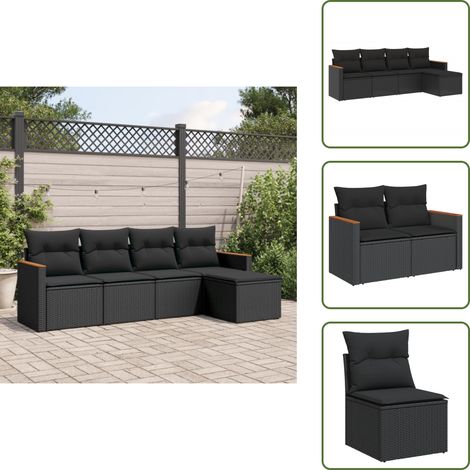 The Living Store Salon de jardin 5 pcs avec coussins noir résine tressée - Ensemble Salon De Jardin - Mobilier De Jardin - Canapé Extérieur - Fauteuil De Jardin - Table Basse