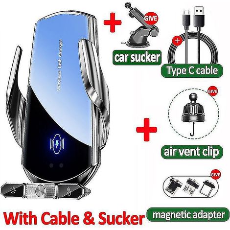 Kabelloses 120-W-Autoladegerät, automatische magnetische Handyhalterung, kompatibel mit iPhone 14, 13 und 11, Samsung und Xiaomi, Schnellladefunktion – Silber mit Saugnapf