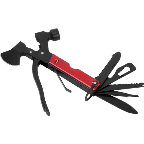 Hache-marteau multifonction 15 en 1 pour le camping et la survie : tournevis, pince, ouvre-bouteille (rouge) (1/5)