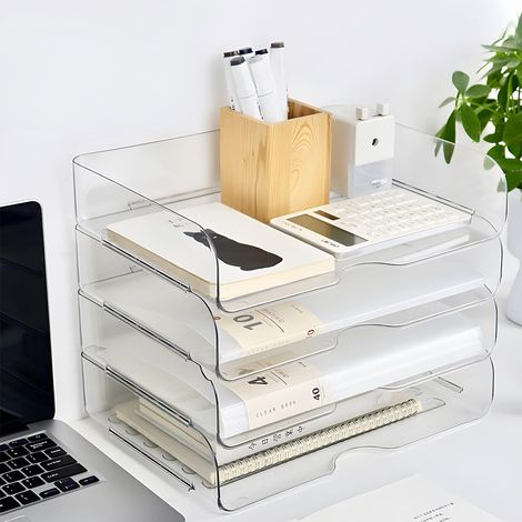 Panier de Rangement à Quatre Niveaux A4, bac à courrier Multifonctionnel et bac à Documents en Plastique Pet, Organiseur de Bureau empilable (Transparent) (1/5)