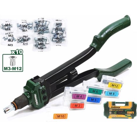 Rivettatrice Manuale Professionale da 16" per Inserti Filettati M3 - M12, con Valigetta, Pinza Rivettatrice per Inserti Filettati, 7 Mandrini Confezionati Singolarmente e 70 Dadi per Rivetti Inclusi (1/4)