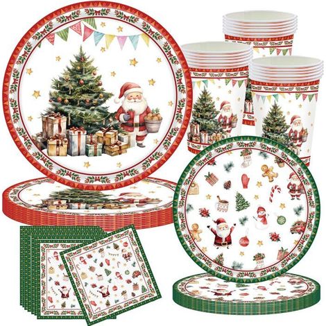 50 pièces, assiettes jetables Noël, gobelets et serviettes, set table fête hivernale pour 10 personnes