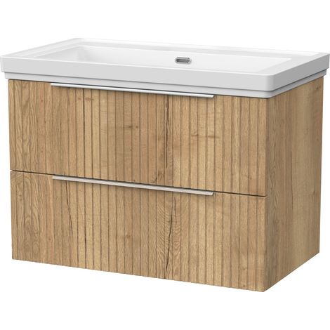 Callingwood Contemporary Wall Hung 2 Drawer Vanity Unit with Traditional 0 Tap Hole Fireclay Basin , 800mm, Autumn Oak