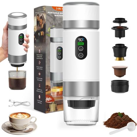 Machine à Café Portable de Voyage,12V Chauffage Rapide 3 En 1 Cafetiere Portable, Auto-Chauffage de 4 à 6 Minutes, Grandes Capsules,Café Moulu,Pour Le Camping,Bureau,Maison,Voiture (Blanc) (1/5)