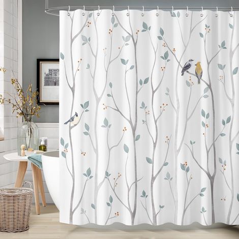 Rideau de Douche Hiver Forêt 180 x 180 cm, Bleu Gris Arbre Feuilles Oiseau Rideaux de Douche, Imperméable Anti-Moisissures Tissu Rideaux de Baignoire pour Salle de Bain avec 12 Crochets (1/5)