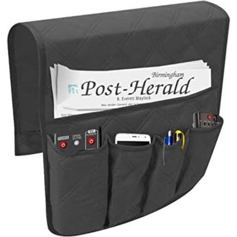 Organiseur d'accoudoir antidérapant à 5 poches pour canapé, sac de rangement, convient pour tablette, téléphone, bloc-notes, livres, magazines, télécommande (noir) (1/5)