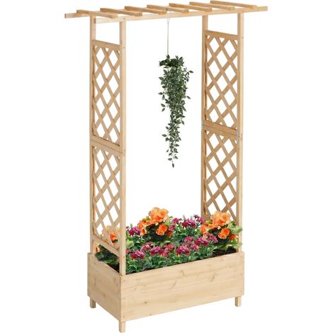 Relaxdays Jardinera con enrejado y techo, 183×110×44 cm, macetero con celosía para balcón y jardín, madera natural