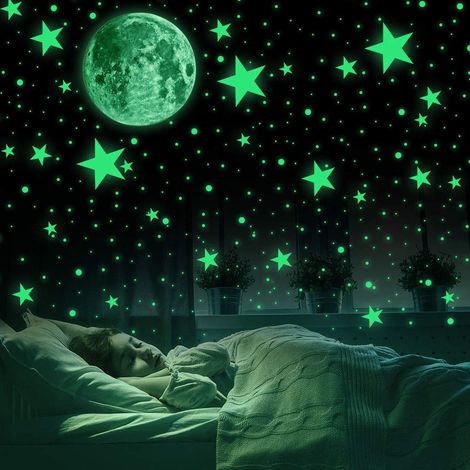 Stickers lumineux pour chambre d'enfant stickers muraux 435 pcs autocollants spots lumineux et lune stickers muraux 30cm pour ciel étoilé, étoiles brillantes et stickers lumière fluorescente