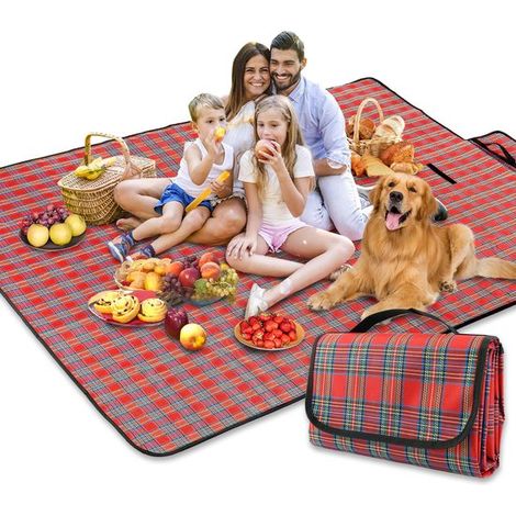 Rot-karierte Picknickdecke – wasserdicht und faltbar (150 x 200 cm) – mit Tragegurt – für Strand, Camping und Garten (1/5)