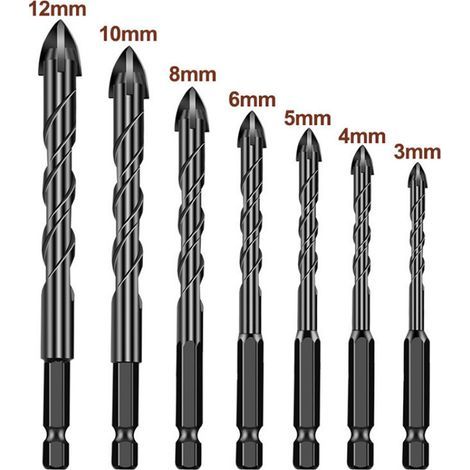Set of 12 carbide masonry drill bits for concrete, stone, tile, brick, ceramic, glass, sheet metal, plastic and wood, 6 mm quick-change hexagonal shank, sizes 3 mm, 4 mm, 5 mm. (1/5)
