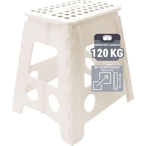 Tabouret-Pliable - Tabouret-Pliant pour Enfants et Adultes jusqu'à 120 kg - Revêtement-antidérapant - Poignée-de-Transport - Ultra-léger - Hauteur-39 cm - Plastique - Blanc (1/5)