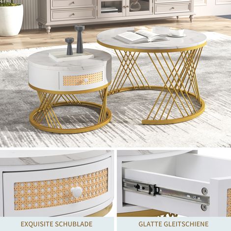 Lot 2 tables basses rondes MDF 70x70/50x50cm,plateau marbre tiroirs rotin,pieds fer dorés pour salon