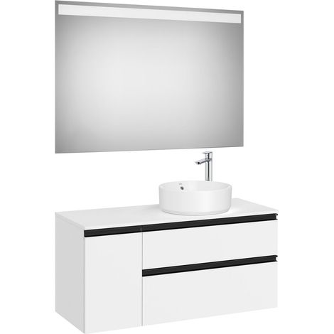 Pack meuble "The gap" 1100 pour vasque à droite - 2 tiroirs +1 porte + plan + miroir LED - blanc mat/poignées noires - Roca (1/2)