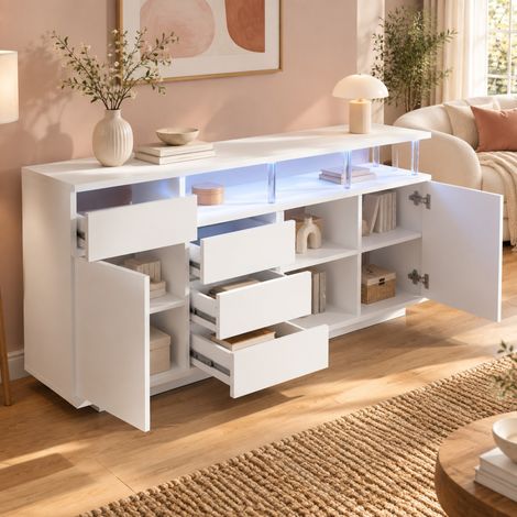 Weißes Sideboard 160 x 40 x 75 cm mit LED, 4 Schubladen, 2 Türen, MDF und Acryl, OKWISH (1/5)