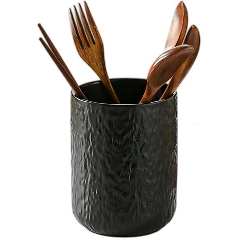 Porte-Ustensiles de Cuisine en Céramique, Contenant pour Ustensiles de Cuisine, pot en céramique pour Baguettes, Couteaux et Fourchettes, Contenant noir pour Ustensiles de 10.113.4 cm (1/5)