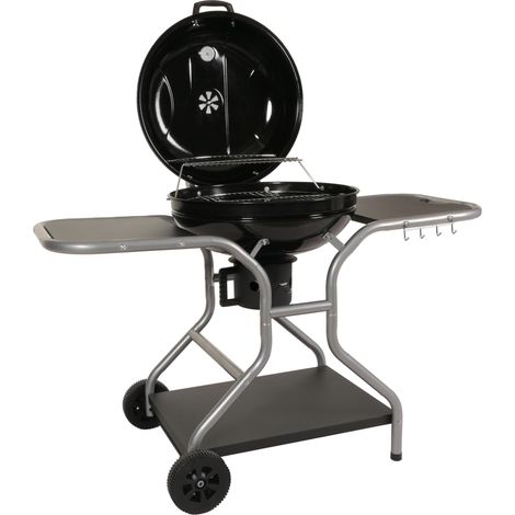 Chariot à grillades HHG-873, gril à charbon de bois gril sphérique gril de jardin avec couvercle trois étagères, acier émaillé 143x131x66cm noir (1/5)