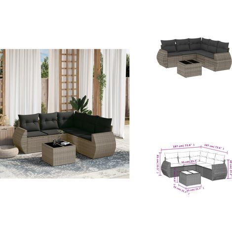 6-tlg. Garten-Sofagarnitur mit Kissen Grau Poly Rattan - Gartenmöbel Set - PE-Rattan Möbel - Outdoor Lounge - Esstisch - Gartenstuhl (1/3)