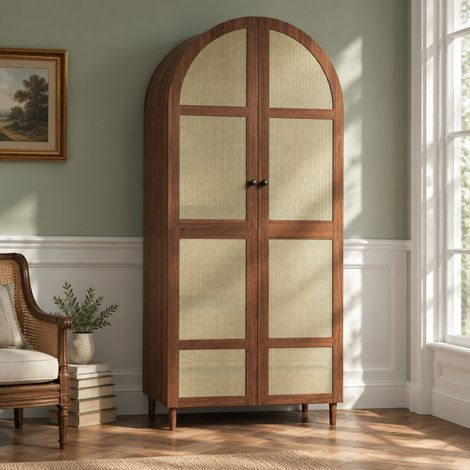 Armadio 80 x 50 x 179 cm con barra appendiabiti, cassetto e anta in rattan, noce OKMYHOME (1/5)