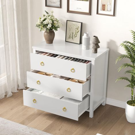 Commode blanche moderne 3 tiroirs - poignées anneau dorées, pieds stables anti-basculement - 40x80x74 cm (1/5)