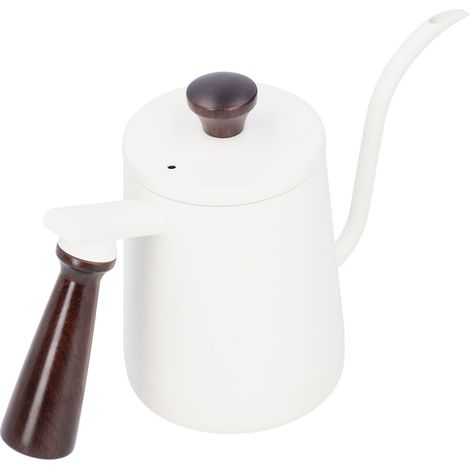Cafetière portable en acier inoxydable avec poignée en bois et bec verseur en col de cygne, blanche, 700 ml