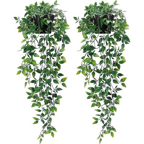 Juego de 2 plantas artificiales colgantes para decoración de pared - Plantas de plástico en maceta con hojas verdes para uso interior y exterior. (1/5)