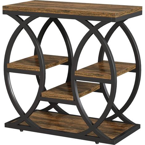 Table d'appoint compacte à plusieurs niveaux pour petit espace, structure en métal noir et plateaux en bois, design rustique, idéale salon, entrée, chambre  CHICFURN (1/5)