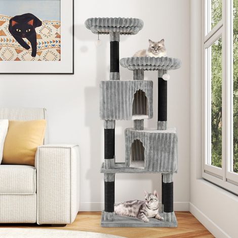Grand Arbre à Chat à Plusieurs Niveaux Tour pour Chat de 156 cm avec 2 Condos 2 Lits Poteaux à Griffer Boules Suspendues avec Clochette Gris (1/3)