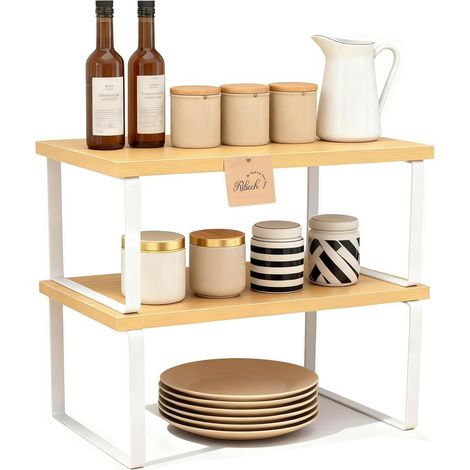 Étagère à Épices Empilable, Lot de 2, Étagère de Rangement Cuisine Extensible, Organisateur de Placard Modulable en Métal avec Plateau Bois d'Ingénierie Beige Naturel (1/5)