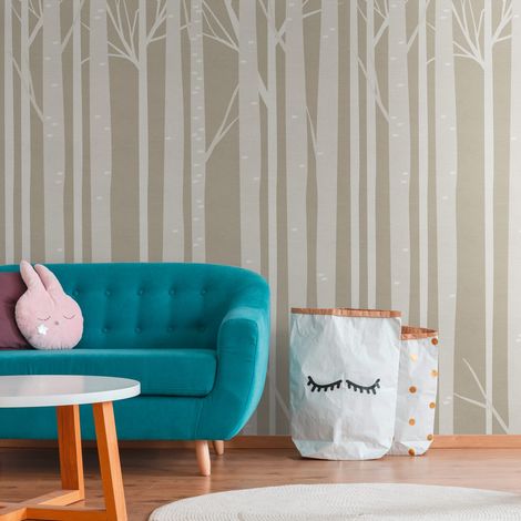 Sfondo fotografico Profhome 382951 Carta da parati TNT goffrata a caldo liscia con motivo foresta opaca grigio beige bianco 1,59 m x 2,8 m