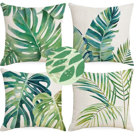 Housse de Coussin Feuilles Tropicales 45 x 45 cm Feuille de Palmier Vert Polyester Lin Décoratif Taie d'oreiller pour Canapé Jardin Extérieur Printemps Été Décoration 4 Pièces