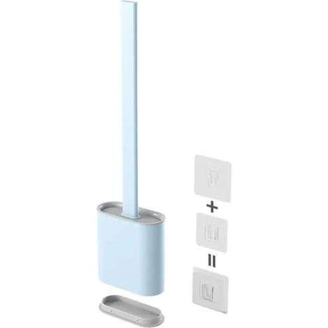 Silicone Toilet Brush, Wall-Mounted Toilet Brush, Quick-Drying Toilet Brush Set with Long Handle, Wall/Floor Mounted Toilet Brush, Light Blue (1/5)