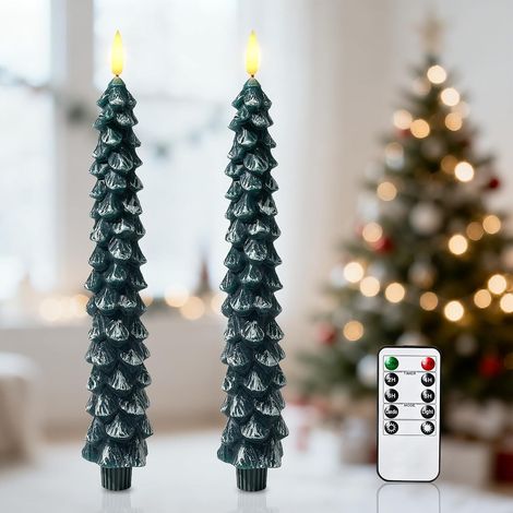 2 pièces Bougies LED Sapin de Noël 25 cm, Chandelles Sans Flamme à Piles, Cire Réaliste avec Télécommande et Minuterie (1/5)